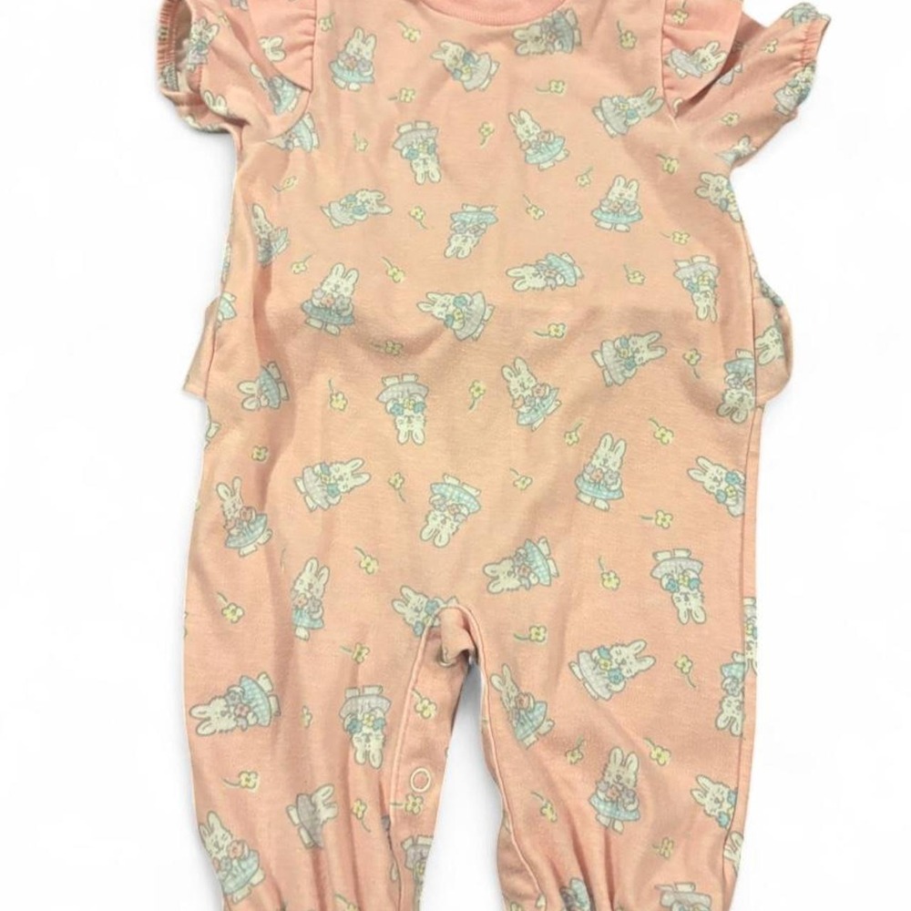 Vintage Pink Baby Romper Blue Bunny Print Ruffle Back USA Made 6-9 Months